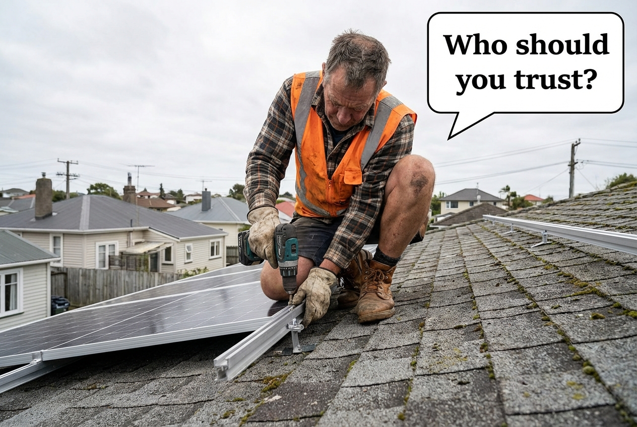 Professional solar installer in hi-vis vest and hard hat positioning a panel on a New Zealand residential roof