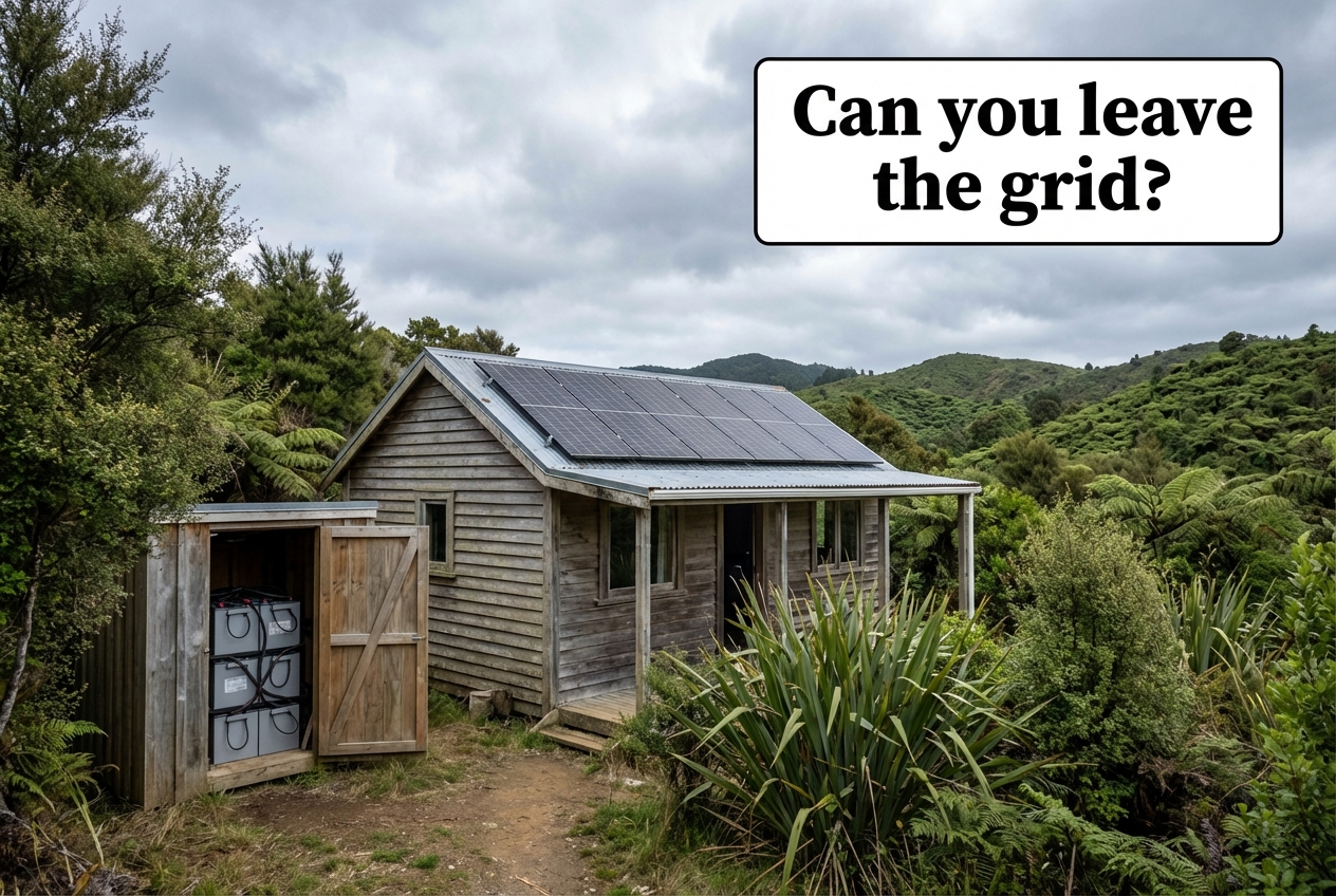 Remote New Zealand bach with solar panels on roof and battery bank in shed, surrounded by native bush with no power lines