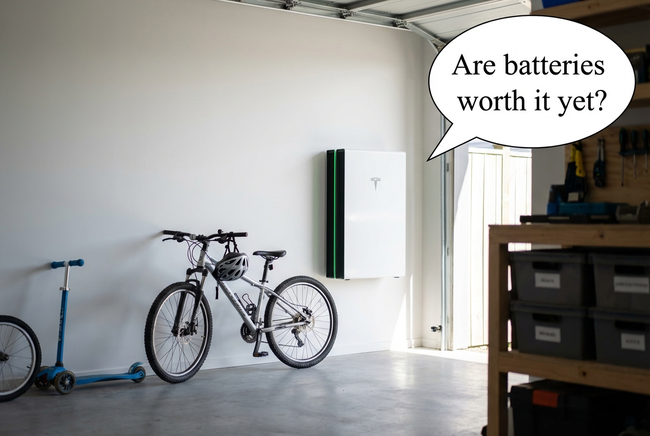 Tesla Powerwall mounted on a garage wall next to an electrical panel