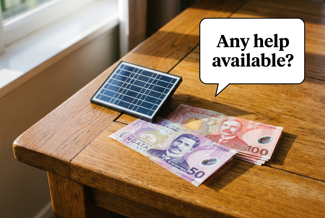 New Zealand dollar notes fanned out with a small solar panel on top