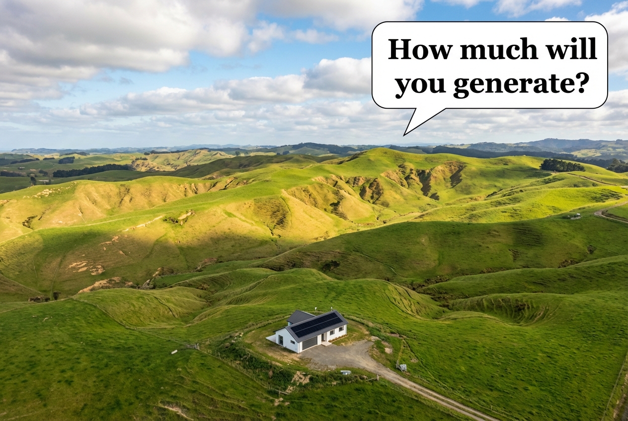 Aerial view of New Zealand landscape with solar panels on a house showing varied sunny and cloudy regions
