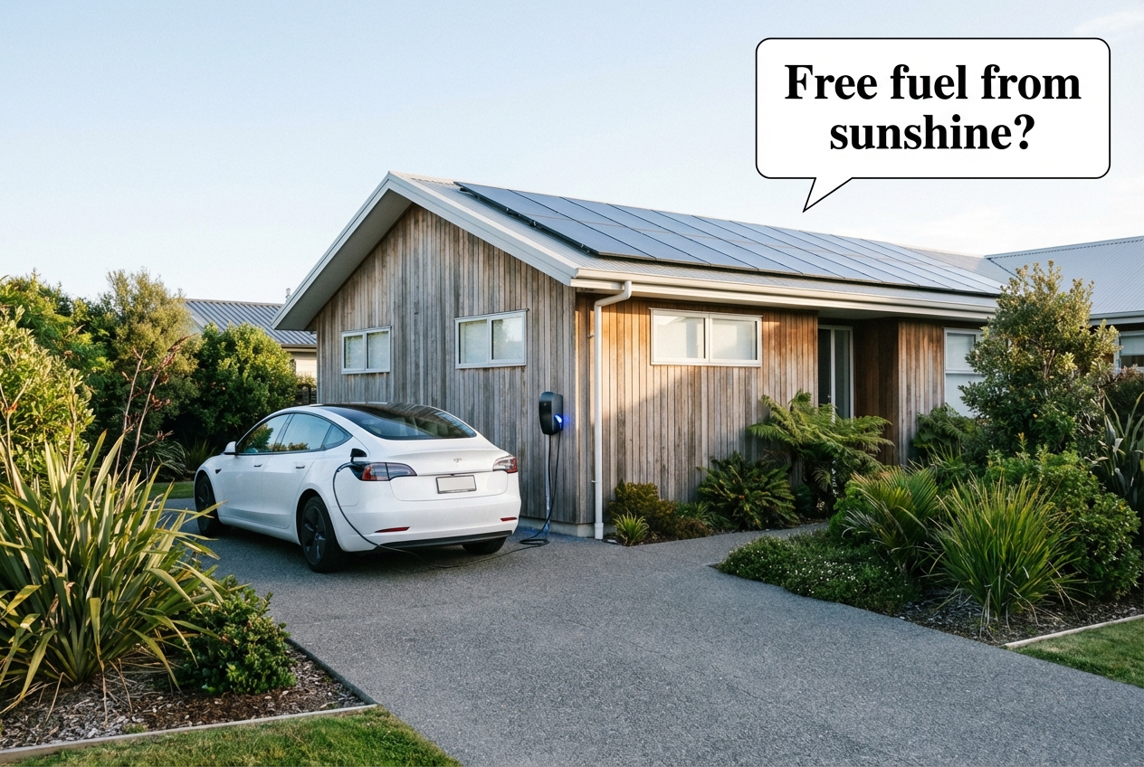 Electric vehicle plugged into a home charger with solar panels visible on the roof above